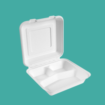 Clamshell de Bagazo de Caña Compostable 3 Divisiones Blanco 6 Pulgadas