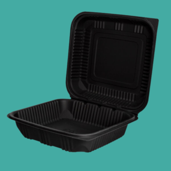 Contenedor Negro Desechable Tipo Almeja, Clamshell 44 Oz (8×8) Biodegradable/ Sin Divisiones Hecho De Fécula Maíz